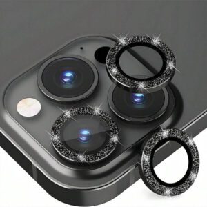 3 pièces Protecteur d'objectif d'appareil photo en métal noir pailleté pour iPhone 17 Pro Max / 17 Pro / 17 Air / 17 / 16 Pro Max / 16 Pro / 15 Pro Max / 15 Pro / 14 Pro / 13 Pro / 12 Pro / 11 Pro Max : Verre trempé anti-rayures 9H - Design compatible avec les coques et revêtement anti-traces de doigts pour une esthétique de luxe et une photographie de nuit (Kit sans bulles et clarté HD compatible avec le flash)