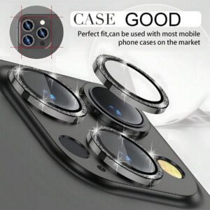 3 pièces Protecteur d'objectif d'appareil photo en métal noir pailleté pour iPhone 17 Pro Max / 17 Pro / 17 Air / 17 / 16 Pro Max / 16 Pro / 15 Pro Max / 15 Pro / 14 Pro / 13 Pro / 12 Pro / 11 Pro Max : Verre trempé anti-rayures 9H - Design compatible avec les coques et revêtement anti-traces de doigts pour une esthétique de luxe et une photographie de nuit (Kit sans bulles et clarté HD compatible avec le flash)