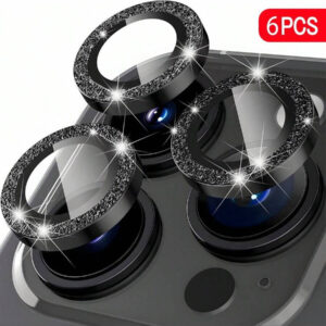 3 pièces Protecteur d'objectif d'appareil photo en métal noir pailleté pour iPhone 17 Pro Max / 17 Pro / 17 Air / 17 / 16 Pro Max / 16 Pro / 15 Pro Max / 15 Pro / 14 Pro / 13 Pro / 12 Pro / 11 Pro Max : Verre trempé anti-rayures 9H - Design compatible avec les coques et revêtement anti-traces de doigts pour une esthétique de luxe et une photographie de nuit (Kit sans bulles et clarté HD compatible avec le flash)