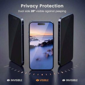 2 pièces Protecteur d'écran de confidentialité anti-espion HD clair pour iPhone 17 PRO MAX/17 PRO/17 AIR/17/16 Pro Max/16 Pro/16/15-11 Série : Bouclier de confidentialité gauche-droite et film anti-rayures 9H - Bords compatibles avec les coques de téléphone et kit sans bulles pour le bureau, les déplacements et la navigation publique (revêtement anti-traces de doigts et clarté compatible avec le flash)