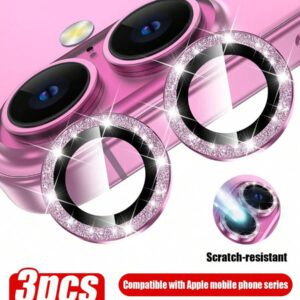 3 pièces Film de protection d'objectif de caméra compatible avec 17/17 Pro/ 17 Pro Max/Pro/Promax, protecteur d'écran en verre trempé 9H avec anneau métallique décoratif (Orange pailleté). Applicable pour une utilisation quotidienne, au bureau, à la maison. Protecteur d'objectif de téléphone étincelant en cristal, résistant à l'eau, aux chocs et aux rayures