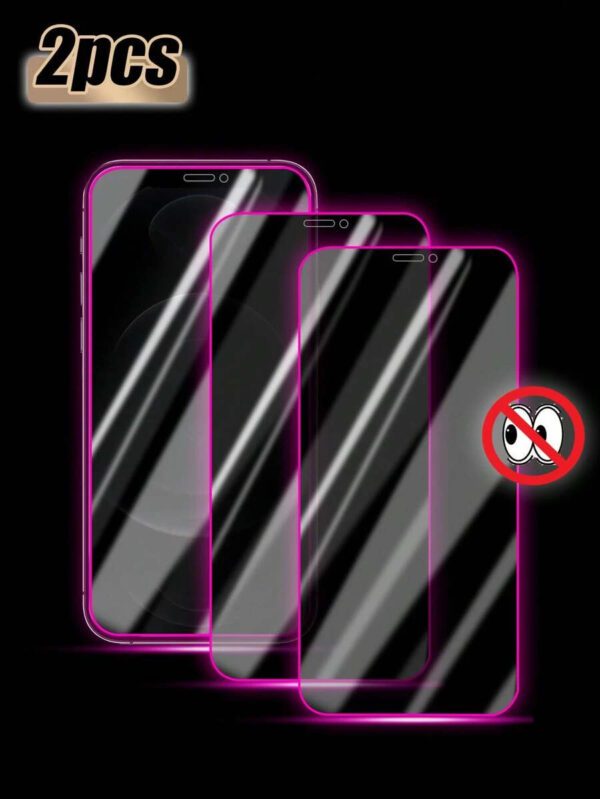 2 pièces Protecteur d'écran en verre trempé à coussin d'air violet, fluorescent dans le noir, anti-espionnage, anti-transpiration, incassable, anti-vol, compatible avec iPhone11/12/13/14/15/16/16Plus/16Pro/16Promax/16e/17/17 Air/17 Pro/17 Pro Max – Image 2