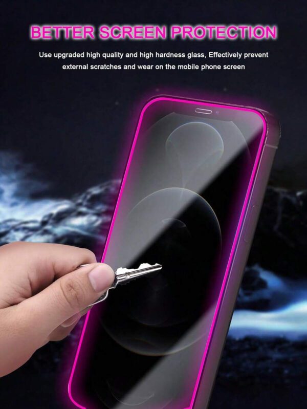 2 pièces Protecteur d'écran en verre trempé à coussin d'air violet, fluorescent dans le noir, anti-espionnage, anti-transpiration, incassable, anti-vol, compatible avec iPhone11/12/13/14/15/16/16Plus/16Pro/16Promax/16e/17/17 Air/17 Pro/17 Pro Max – Image 4