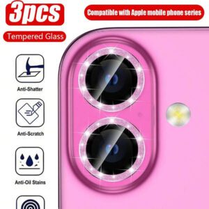 3 pièces Film de protection d'objectif de caméra compatible avec 17/17 Pro/ 17 Pro Max/Pro/Promax, protecteur d'écran en verre trempé 9H avec anneau métallique décoratif (Orange pailleté). Applicable pour une utilisation quotidienne, au bureau, à la maison. Protecteur d'objectif de téléphone étincelant en cristal, résistant à l'eau, aux chocs et aux rayures