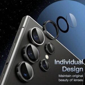 1 set de protecteur d'objectif de caméra compatible avec Samsung Galaxy S25 S24 S23 S22 Ultra S25 S24 Plus S23+ S24 FE S23 FE, verre trempé ultra HD 9H, anneau métallique individuel, installation facile, anti-rayures, compatible avec les coques. Cadeau pour l'anniversaire, la famille, les amis. Alliage métallique avec verre trempé pleine couverture, protecteur d'objectif, accessoires de téléphone étanches antichocs anti-chute anti-traces de doigts