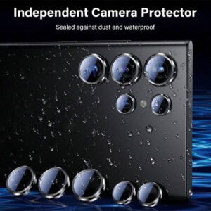 1 set de protecteur d'objectif de caméra compatible avec Samsung Galaxy S25 S24 S23 S22 Ultra S25 S24 Plus S23+ S24 FE S23 FE, verre trempé ultra HD 9H, anneau métallique individuel, installation facile, anti-rayures, compatible avec les coques. Cadeau pour l'anniversaire, la famille, les amis. Alliage métallique avec verre trempé pleine couverture, protecteur d'objectif, accessoires de téléphone étanches antichocs anti-chute anti-traces de doigts