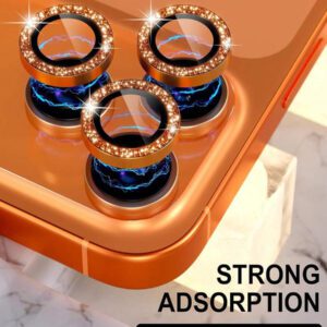 3 pièces Film de protection d'objectif de caméra compatible avec 17/17 Pro/ 17 Pro Max/Pro/Promax, protecteur d'écran en verre trempé 9H avec anneau métallique décoratif (Orange pailleté). Applicable pour une utilisation quotidienne, au bureau, à la maison. Protecteur d'objectif de téléphone étincelant en cristal, résistant à l'eau, aux chocs et aux rayures