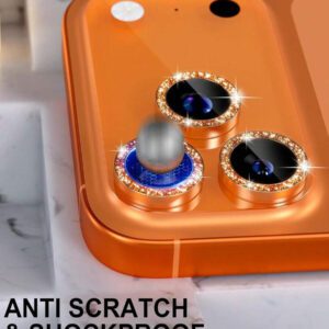 3 pièces Film de protection d'objectif de caméra compatible avec 17/17 Pro/ 17 Pro Max/Pro/Promax, protecteur d'écran en verre trempé 9H avec anneau métallique décoratif (Orange pailleté). Applicable pour une utilisation quotidienne, au bureau, à la maison. Protecteur d'objectif de téléphone étincelant en cristal, résistant à l'eau, aux chocs et aux rayures