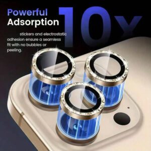 Film de lentille avec poudre flash, convient pour iPhone 17, autocollant de lentille iPhone 12/Mini/13/14 Plus/15/16 Pro Max/16e/17/17pro/17 Pro Max/17Air, protection de caméra, anneau de protection arrière 13 Pro Max, couvercle de lentille, sens de luxe avancé avec diamant flash
