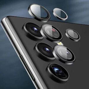 Protecteur d'objectif anti-chute compatible avec Samsung S23 Ultra. Cadeau pour l'anniversaire, la famille, les amis. Alliage métallique avec verre trempé, protection complète de l'objectif. Accessoires de téléphone résistants à l'eau, aux chocs et aux rayures, anti-traces de doigts