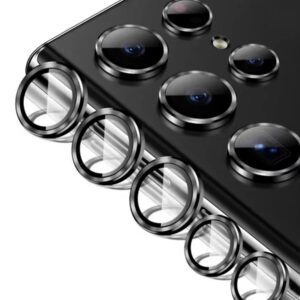 Protecteur d'objectif anti-chute compatible avec Samsung S23 Ultra. Cadeau pour l'anniversaire, la famille, les amis. Alliage métallique avec verre trempé, protection complète de l'objectif. Accessoires de téléphone résistants à l'eau, aux chocs et aux rayures, anti-traces de doigts