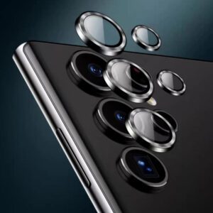 Protecteur d'objectif anti-chute compatible avec Samsung S23 Ultra. Cadeau pour l'anniversaire, la famille, les amis. Alliage métallique avec verre trempé, protection complète de l'objectif. Accessoires de téléphone résistants à l'eau, aux chocs et aux rayures, anti-traces de doigts