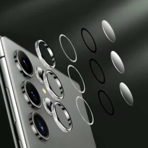 Protecteur d'objectif anti-chute compatible avec Samsung S23 Ultra. Cadeau pour l'anniversaire, la famille, les amis. Alliage métallique avec verre trempé, protection complète de l'objectif. Accessoires de téléphone résistants à l'eau, aux chocs et aux rayures, anti-traces de doigts