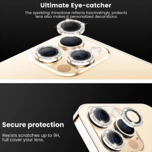 3 pièces Ensemble de films protecteurs de lentille d'œil d'aigle en strass dorés, cadeau pour l'anniversaire, la famille et les amis. Cristal scintillant, protecteur de lentille, accessoires de téléphone. Étanche, antichoc, anti-chute, anti-rayures, anti-traces de doigts, protection intégrale