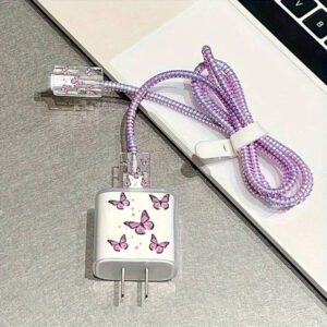 5 pièces Étui de protection de câble de données haute gamme en forme de papillon violet, convient pour l'étui de protection de la tête de chargeur 20W pour iPhone, étui de protection anti-chute pour chargeur 18W, résistant aux rayures, décoratif, cadeau d'anniversaire idéal