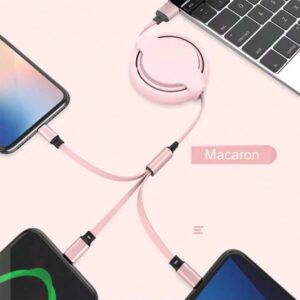 Câble de charge rétractable 3-en-1 de couleur macaron compatible avec Huawei/Android/Téléphones, câble de charge multi-têtes en gros, Type-C, câble de données de charge rapide, câble de charge super rapide 66W