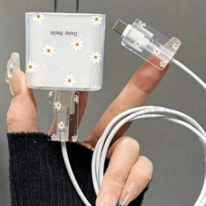 Étui de protection de chargeur à motif marguerite coloré, protecteur de câble de charge transparent anti-pliage, compatible avec 15/14 Pro Max/13/12, compatible avec iPad 18/20W