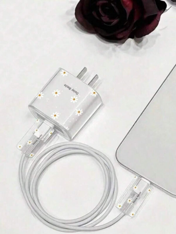 Étui de protection de chargeur à motif marguerite coloré, protecteur de câble de charge transparent anti-pliage, compatible avec 15/14 Pro Max/13/12, compatible avec iPad 18/20W – Image 4
