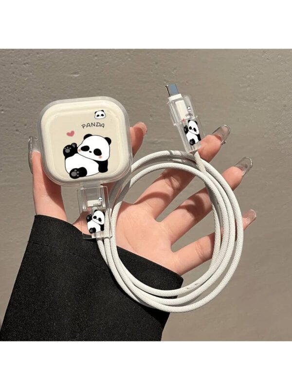 3 pièces Ensemble de boîtiers de protection de chargeur TPU mignons Panda/Chat/Dessin animé, convient pour iPhone 13/14/15/16, 18W/20W - Comprend un couvercle de chargeur mural avec design en forme de cœur de panda, protecteur de câble - Cadeau idéal – Image 2