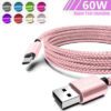 Câble de chargeur C 60 W, câbles de chargeur USB de type C tressés en nylon USB A vers USB C, cordon de chargeur Android compatible avec Samsung Galaxy S25 S24 S23 S22 S21 S20 Ultra S20+ Note 20 10 S10 S9 Plus A12 A11 A52, OnePlus, Pixel 6 5 4 4a 3a XL