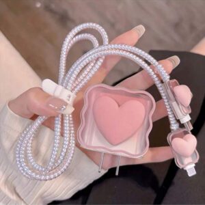 5 pièces Étui de protection en forme de cœur rose pour câble de chargeur compatible avec le chargeur rapide 18W/20W