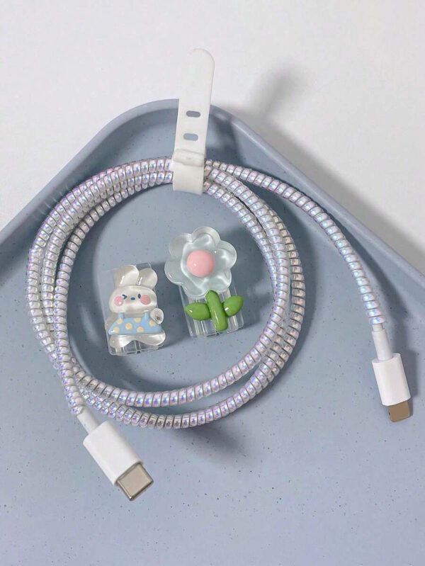 4 pièces Couvercle de protection de câble de données avec fleurs de lapin compatible avec le câble de chargement de téléphone mobile Apple, protection anti-rupture – Image 4