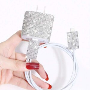 3 pièces Ensemble de protecteur de câble de données et de couvercle de tête de chargeur avec décoration de strass, protecteur de chargeur