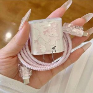 4 pièces Protecteurs de câble de données de 18/20 W en forme de nœud rose/fleur/papillon pour pomme, compatibles avec 16/16 Pro Max/15/14/13/11, adaptateur de chargeur et câble de charge anti-pliage, étui souple