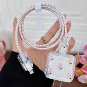 5 pièces Ensemble de chargeur de téléphone portable avec design de tulipe blanche métallique et perle 20W/18W, câble de protection de chargement, boîtier de protection de la tête de chargement, compatible avec le câble de chargeur , accessoires de chargeur, accessoires de téléphone