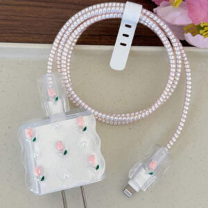 5 pièces Ensemble de chargeur de téléphone portable avec design de tulipe blanche métallique et perle 20W/18W, câble de protection de chargement, boîtier de protection de la tête de chargement, compatible avec le câble de chargeur , accessoires de chargeur, accessoires de téléphone
