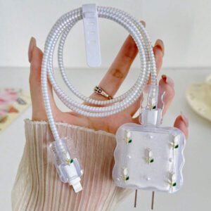 5 pièces Ensemble de chargeur de téléphone portable avec design de tulipe blanche métallique et perle 20W/18W, câble de protection de chargement, boîtier de protection de la tête de chargement, compatible avec le câble de chargeur , accessoires de chargeur, accessoires de téléphone