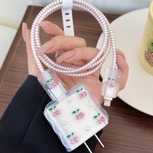 5 pièces Ensemble de chargeur de téléphone portable avec design de tulipe blanche métallique et perle 20W/18W, câble de protection de chargement, boîtier de protection de la tête de chargement, compatible avec le câble de chargeur , accessoires de chargeur, accessoires de téléphone