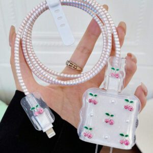 5 pièces Ensemble de chargeur de téléphone portable avec design de tulipe blanche métallique et perle 20W/18W, câble de protection de chargement, boîtier de protection de la tête de chargement, compatible avec le câble de chargeur , accessoires de chargeur, accessoires de téléphone