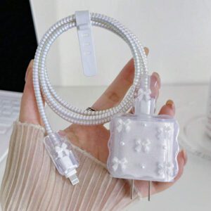 5 pièces Ensemble de chargeur de téléphone portable avec design de tulipe blanche métallique et perle 20W/18W, câble de protection de chargement, boîtier de protection de la tête de chargement, compatible avec le câble de chargeur , accessoires de chargeur, accessoires de téléphone