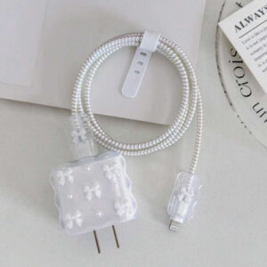 5 pièces Ensemble de chargeur de téléphone portable avec design de tulipe blanche métallique et perle 20W/18W, câble de protection de chargement, boîtier de protection de la tête de chargement, compatible avec le câble de chargeur , accessoires de chargeur, accessoires de téléphone