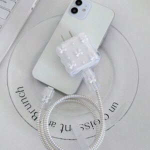 5 pièces Ensemble de chargeur de téléphone portable avec design de tulipe blanche métallique et perle 20W/18W, câble de protection de chargement, boîtier de protection de la tête de chargement, compatible avec le câble de chargeur , accessoires de chargeur, accessoires de téléphone
