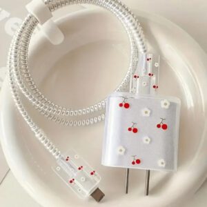 5 pièces/Set Fleurs de Cerisier Conçus Couvercles de Protection pour Chargeur et Câble de Données, Compatible avec Apple 18W/20W et Compatible avec le Câble 14 Pro, Protecteur de Chargeur