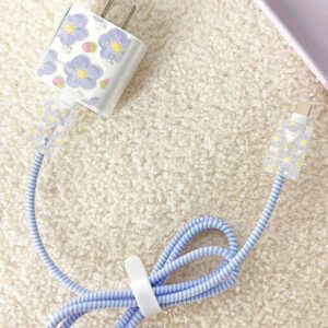 5 pièces/Set Fleurs de Cerisier Conçus Couvercles de Protection pour Chargeur et Câble de Données, Compatible avec Apple 18W/20W et Compatible avec le Câble 14 Pro, Protecteur de Chargeur