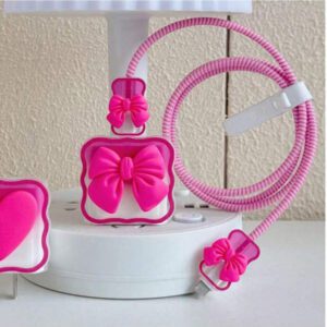 5 pièces Étui de protection pour chargeur Apple 20W, avec une tête de charge et un câble de téléphone dotés d'un nœud rose mignon en 3D. Étui de protection pour câble compatible avec 16/15/14/13