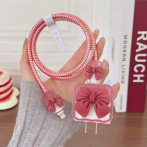 5 pièces Étui de protection pour chargeur Apple 20W, avec une tête de charge et un câble de téléphone dotés d'un nœud rose mignon en 3D. Étui de protection pour câble compatible avec 16/15/14/13