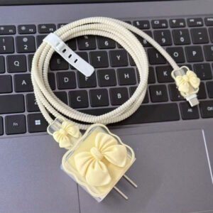 5 pièces Étui de protection pour chargeur Apple 20W, avec une tête de charge et un câble de téléphone dotés d'un nœud rose mignon en 3D. Étui de protection pour câble compatible avec 16/15/14/13