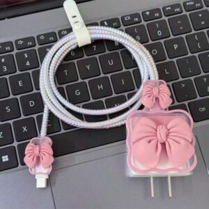 5 pièces Étui de protection pour chargeur Apple 20W, avec une tête de charge et un câble de téléphone dotés d'un nœud rose mignon en 3D. Étui de protection pour câble compatible avec 16/15/14/13