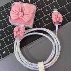 5 pièces Étui de protection pour chargeur Apple 20W, avec une tête de charge et un câble de téléphone dotés d'un nœud rose mignon en 3D. Étui de protection pour câble compatible avec 16/15/14/13