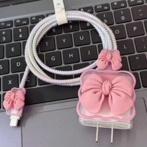 5 pièces Étui de protection pour chargeur Apple 20W, avec une tête de charge et un câble de téléphone dotés d'un nœud rose mignon en 3D. Étui de protection pour câble compatible avec 16/15/14/13