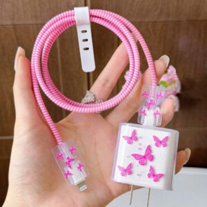 5 pièces Ensemble de chargeur design cœur rose, chargeur 20W/18W, protecteur de câble de charge, protecteur de tête de chargeur, compatible avec 11 12 13 14 15 16 17