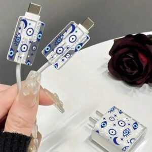 Étui de protection à motif bleu pour chargeur, compatible avec 15/14 Pro Max, transparent, résistant aux chocs, conçu pour 13/12 et iPad. Câble de charge en silicone compatible avec le câble de charge rapide 18/20W, protecteur de câble de chargeur