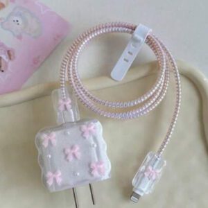 5 pièces Petit ensemble de chargeur de téléphone 20W/18W rose clair/violet avec design de nœud cœur/nœud doré/cerise et fausse perle blanche, protecteur de câble de charge, étui protecteur de tête de charge, compatible avec le chargeur Apple