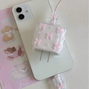 5 pièces Petit ensemble de chargeur de téléphone 20W/18W rose clair/violet avec design de nœud cœur/nœud doré/cerise et fausse perle blanche, protecteur de câble de charge, étui protecteur de tête de charge, compatible avec le chargeur Apple