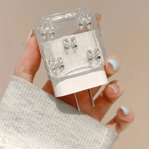 5 pièces Petit ensemble de chargeur de téléphone 20W/18W rose clair/violet avec design de nœud cœur/nœud doré/cerise et fausse perle blanche, protecteur de câble de charge, étui protecteur de tête de charge, compatible avec le chargeur Apple