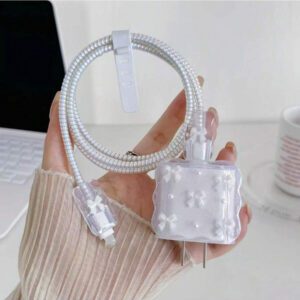 5 pièces Petit ensemble de chargeur de téléphone 20W/18W rose clair/violet avec design de nœud cœur/nœud doré/cerise et fausse perle blanche, protecteur de câble de charge, étui protecteur de tête de charge, compatible avec le chargeur Apple